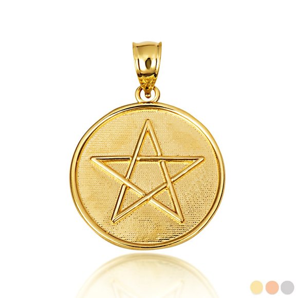 10K Solid Gold Wiccan 5 Point Star Spiritual Medallion Pendant